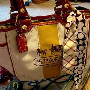 COACH BLEECKER TOTE 11791 TATTERSALL BRASS LEATHER CHUNKY STITCHING & BALL CHAIN